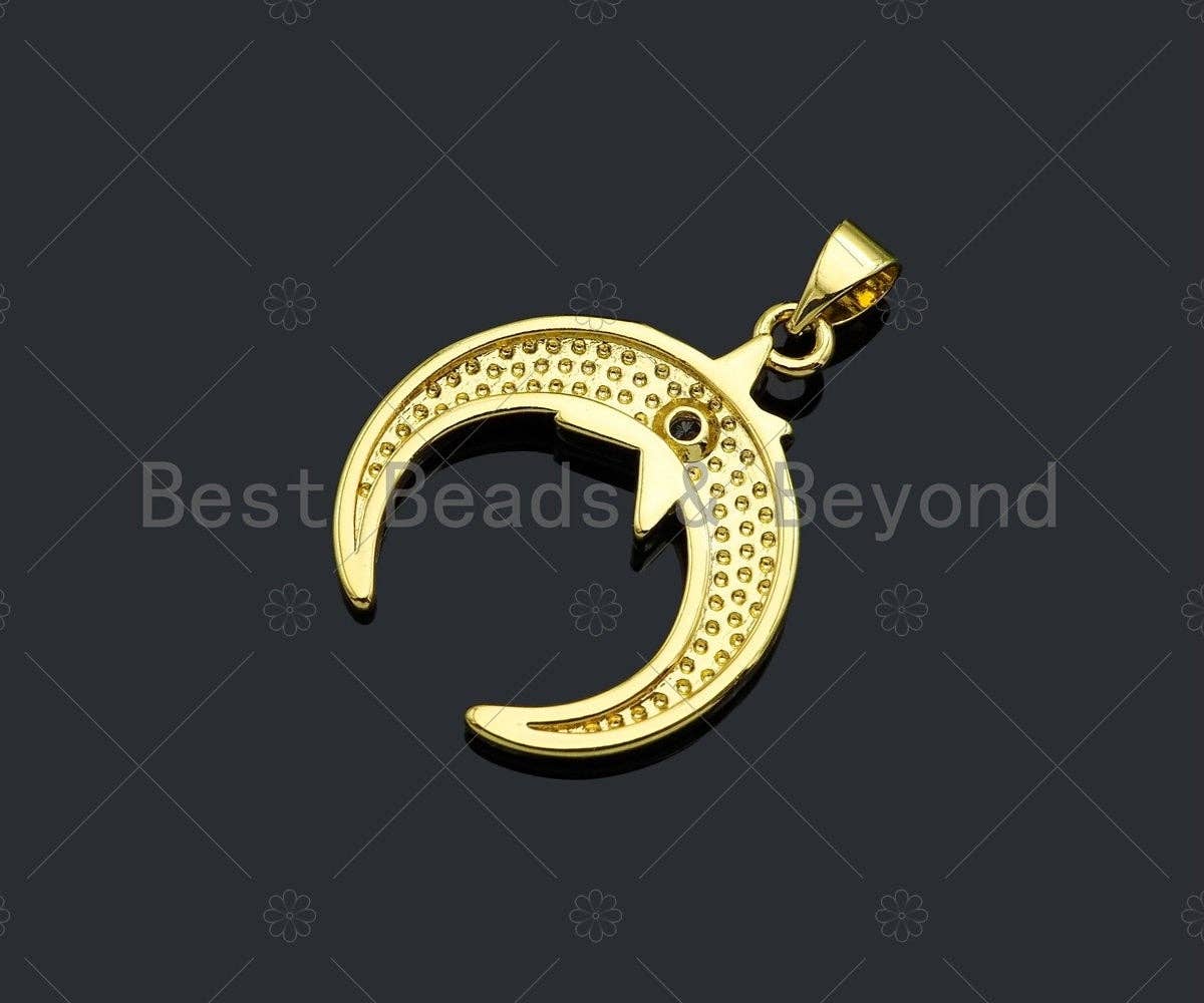 CZ Micro Pave 18k Gold North Star On Horn Shape Pendant, Cubic Zirconia Pendant, Horn Charm, CZ Micro Pave Pendant,21x25mm,Sku#LK213