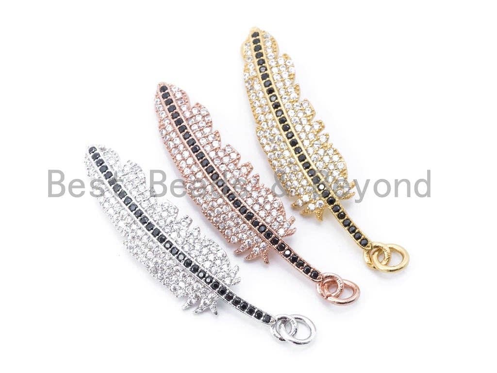 CZ Micro Pave Feather Pendant with Jump Ring, Cubic Zirconia Pendant/Charm,44x12mm,sku#F97C