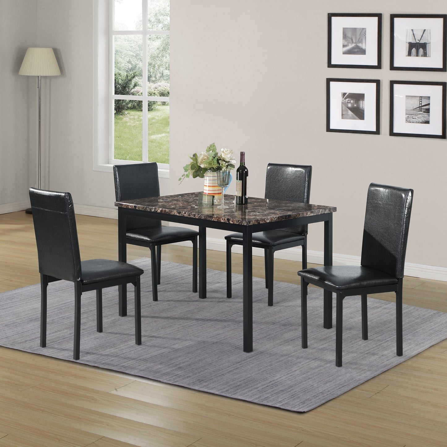 Furniture 5 Piece Metal Dinette Set with Faux Marble Top