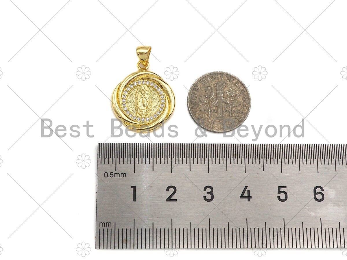 18k Dainty Gold Virgin Mary On Round Flower Shape Charms, Dainty Charms, Gold Pendant, Round Flower Necklace Charms, 18x21mm, Sku#LK168