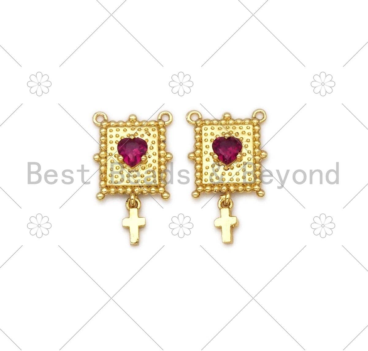 Fuchsia Heart CZ Micro Pave with Cross On Rectangle Shape Pendant, 18K Gold Filled Charm, Necklace Bracelet Charm Pendant,11x14mm,Sku#LK402