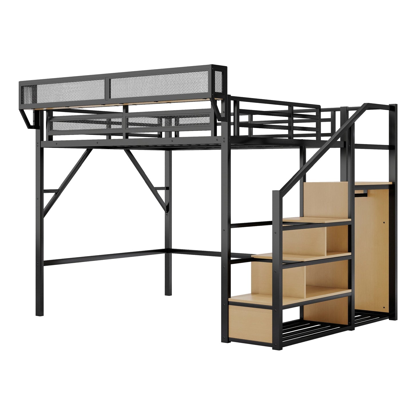 Queen Size Loft Bed with Stairs and Storage Shelves