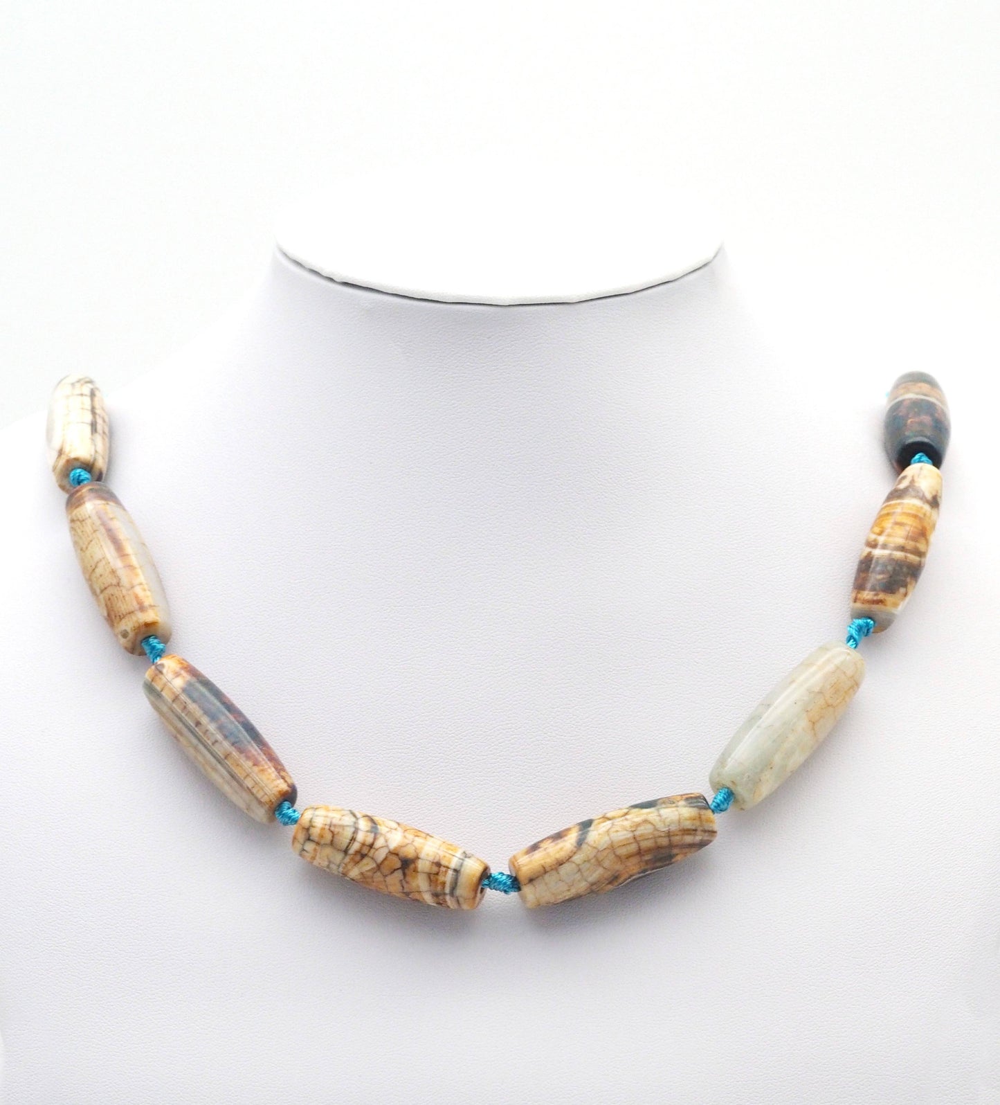 Natural Blue Brown Tibetan Agate Barrel Smooth Agate, 14x40mm Focal Beads, Sku#U1439