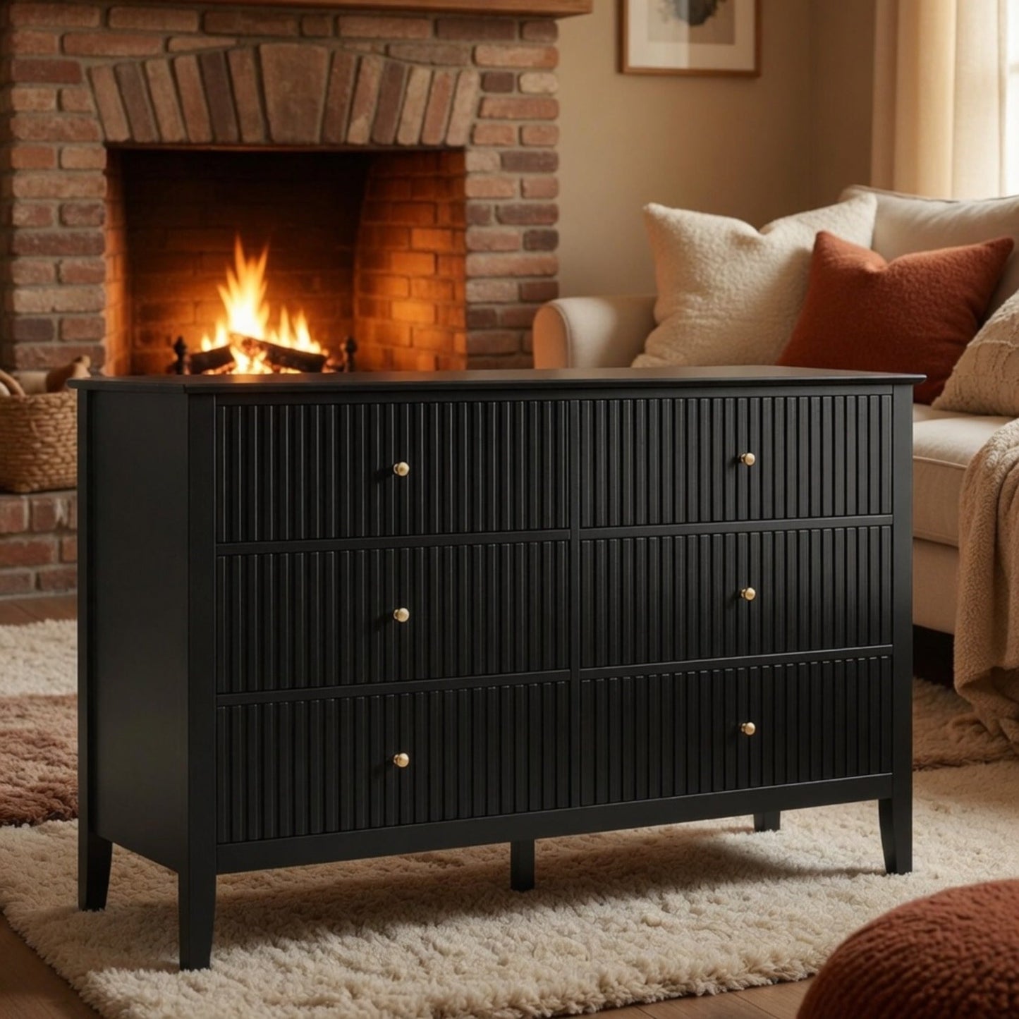 47.2" Wide Black 6-Drawer Fluted Dresser