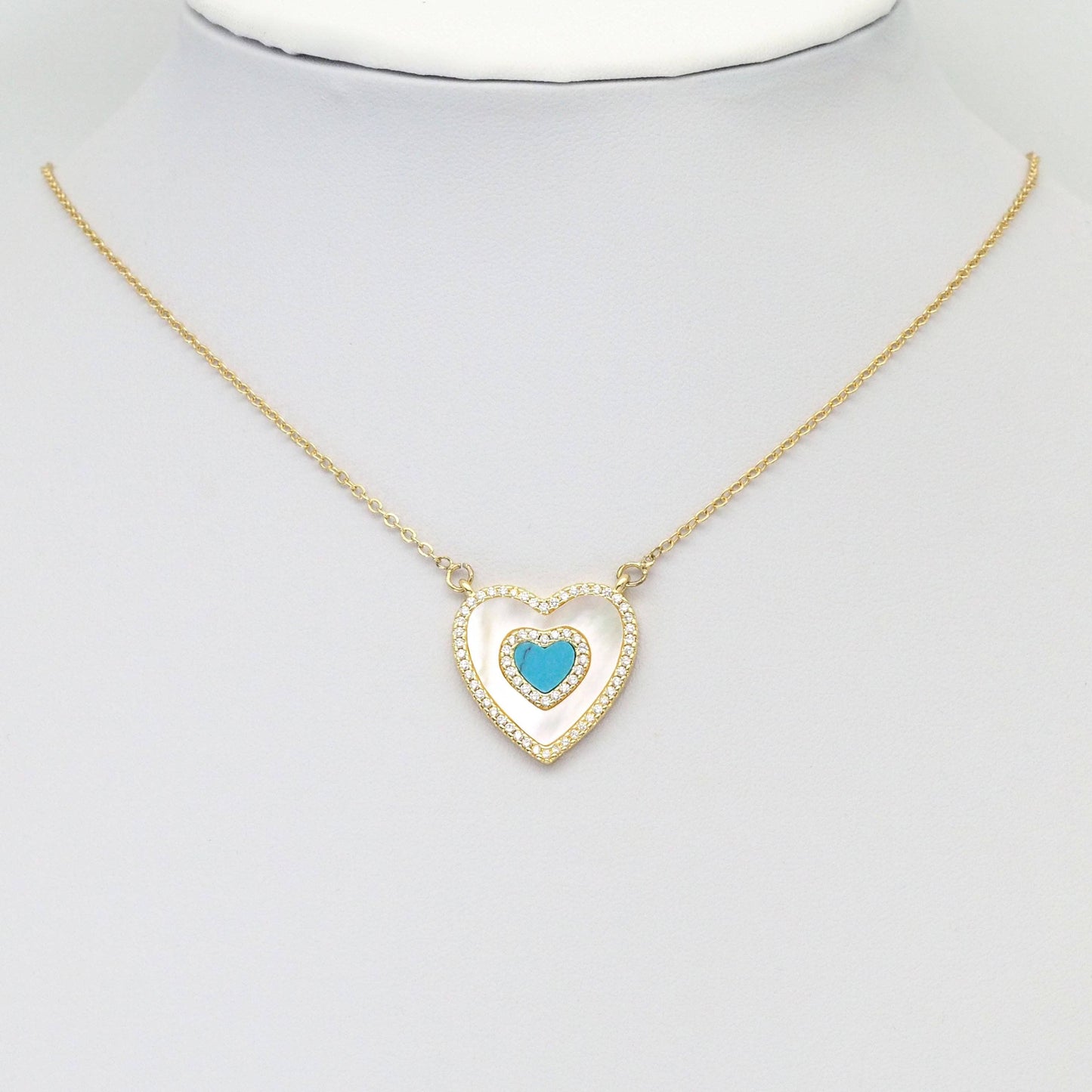 CZ Gold Mother of Pearl Turquoise Malachite Heart  Charm, Sku#LX329