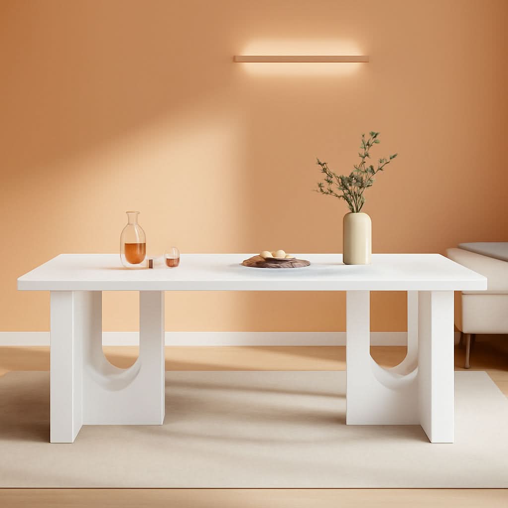 Modern White Dining Table 71 Inch With Wood Pedestal Base