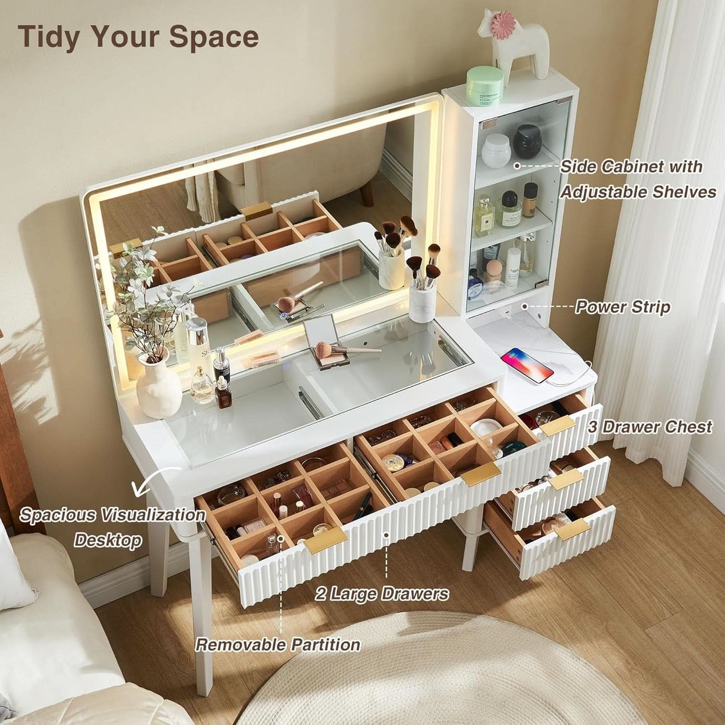 White Forty Eight nch Vanity Desk With LED Illuminated Mirror