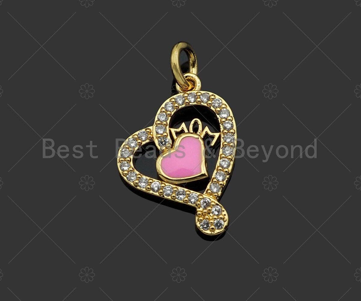 CZ Micro Pave Pink Enamel Mom Heart Shape Pendant, Sku#L500