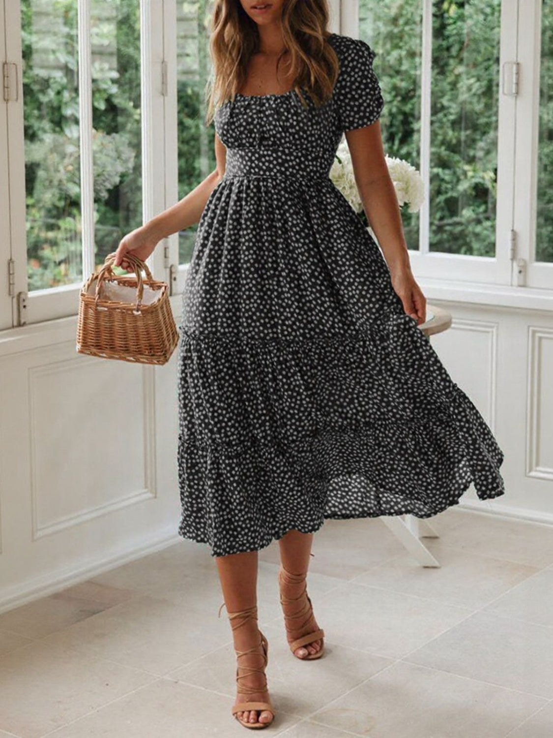 Printed Square Neck Short Sleeve Midi Dress