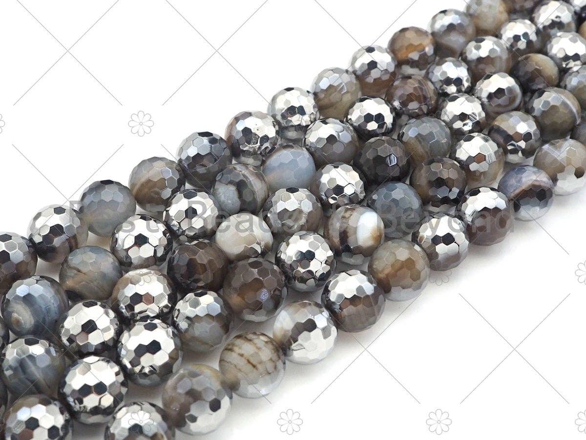 Natural Half Silver Gray Agate Beads, 8mm/10mm/12mm Round Faceted Gray Agate Beads, 15.5 Full Strand, sku# UA122