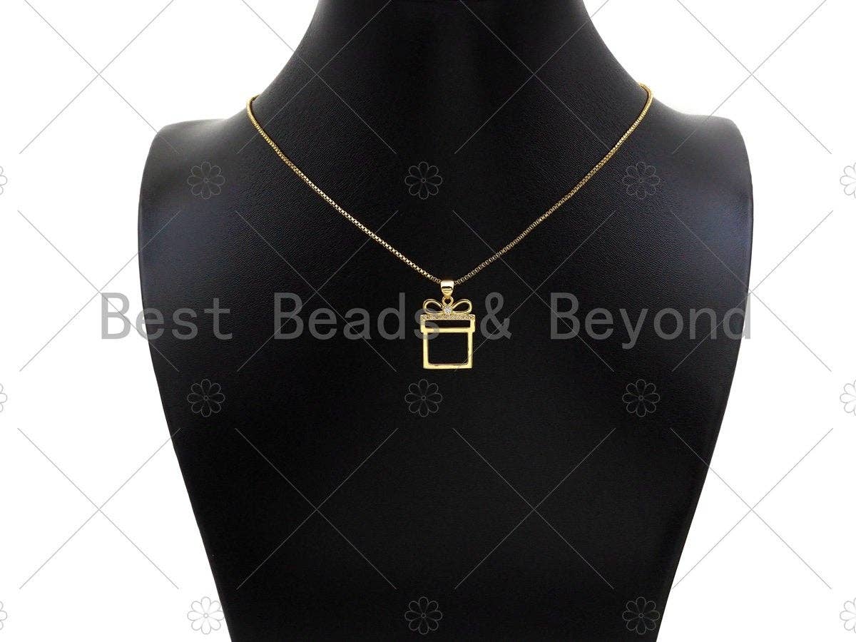CZ Micro Pave 18k Gold Color Gift Box Shape Pendant, Cubic Zirconia Pendant, Christmas Charm, 20x15mm, Sku#LK206