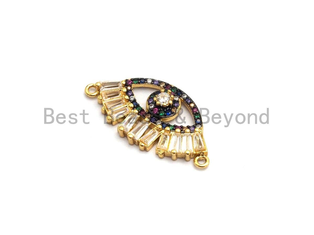 Multi-Color CZ Micro Pave Long eyelash Evil Eye Connector, Rainbow CZ Micro Pave Evil Eye Necklace Connector, Gold plated, 14x27mm,,sku#F658