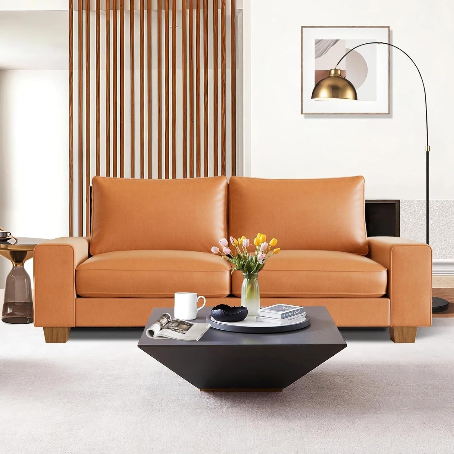 Faux Leather Loveseat Sofa 71Inch Brown Solid Wooden Frame