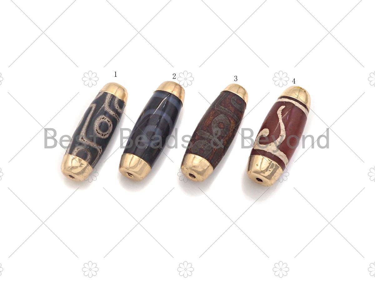 16x39mm Large Natural Tibetan Agate with Gold Finish Barrel Shape Spacer Beads, Oval Tibetan Agate Beads, sku#U947