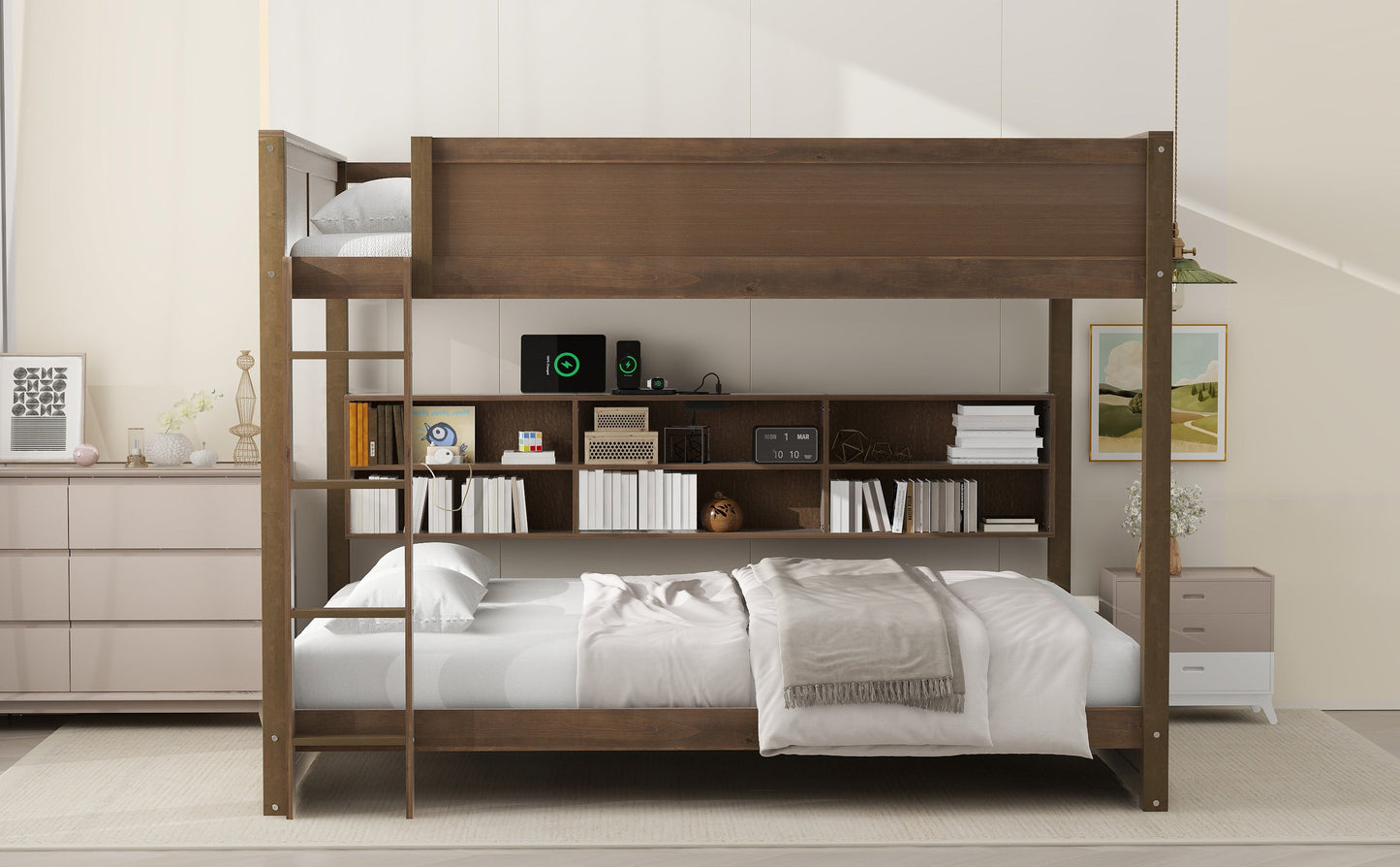 Queen over Queen Bunk Bed with Storage Cabinets and USB Ports