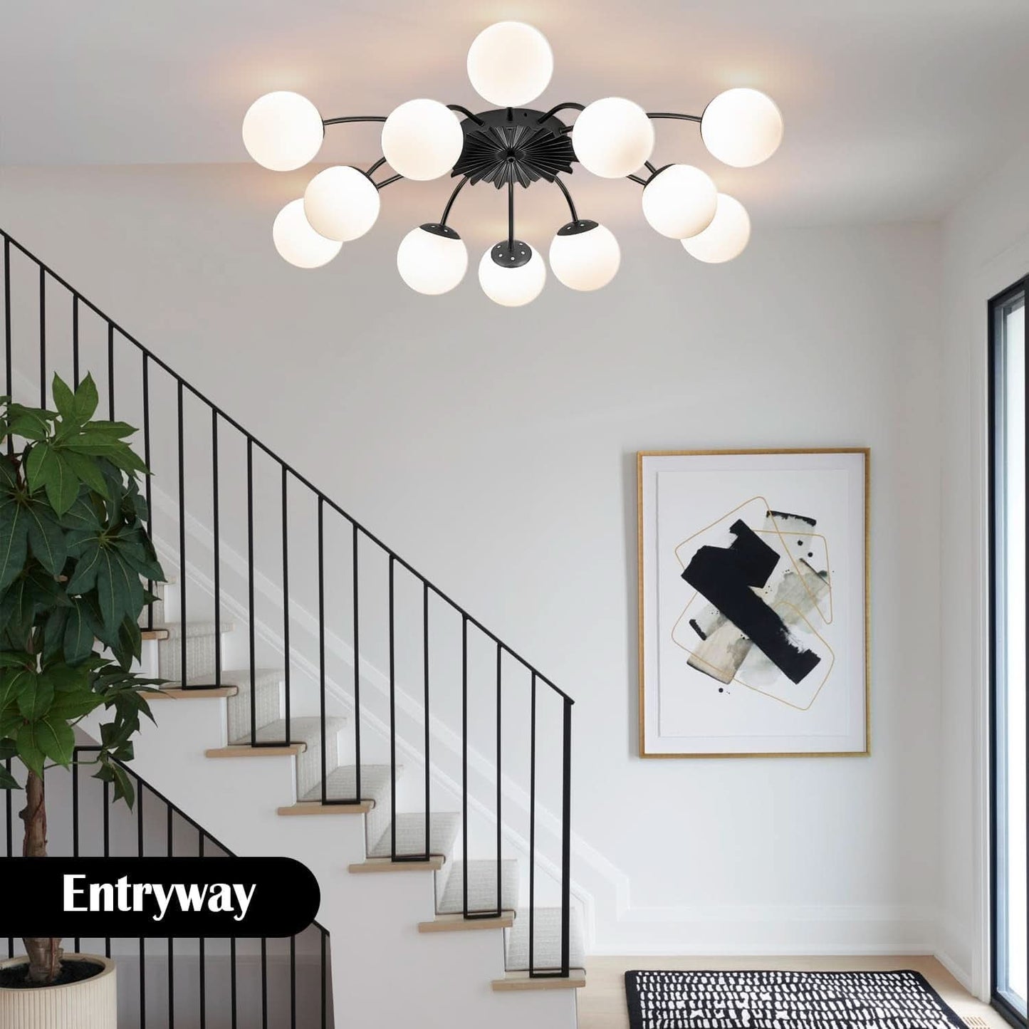 Milk Glass Sputnik Chandelier 12 Light Black Handblown
