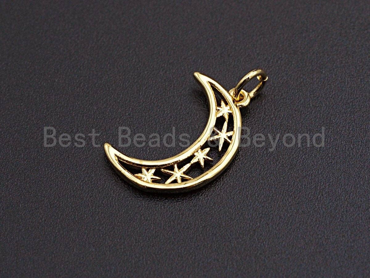 Crescent Moon North Star Hollow Out Pendant, Cubic Zirconia Pendant, Silver/Gold Tone,12x19mm, Sku#Z486