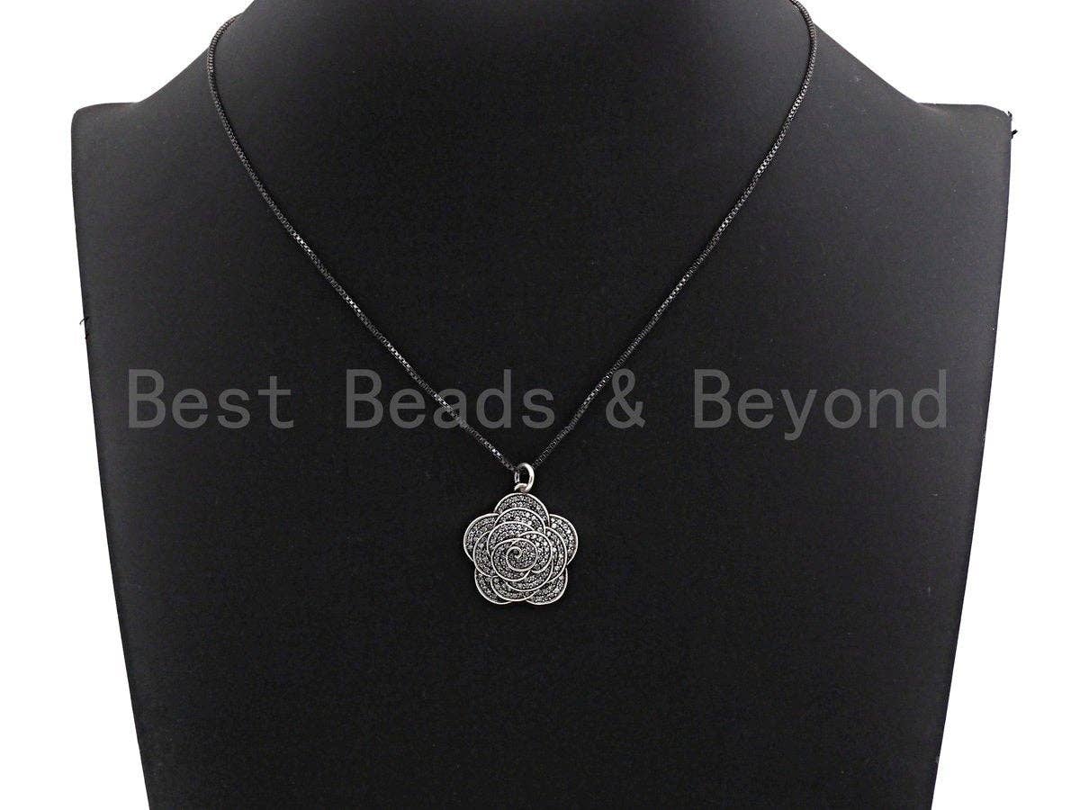 CZ Micro Pave Rose Flower Shape Pendant, Antique Silver Tone, Cubic Zirconia Pave Flower Charm Pendant, 23x25mm,sku#F1029C