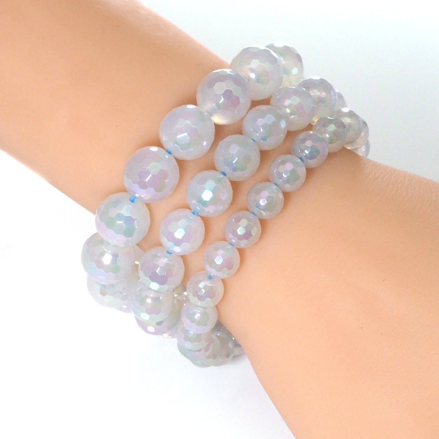 AB Mystic White Agate Faceted Stretchy Bracelet, Sku#EF304