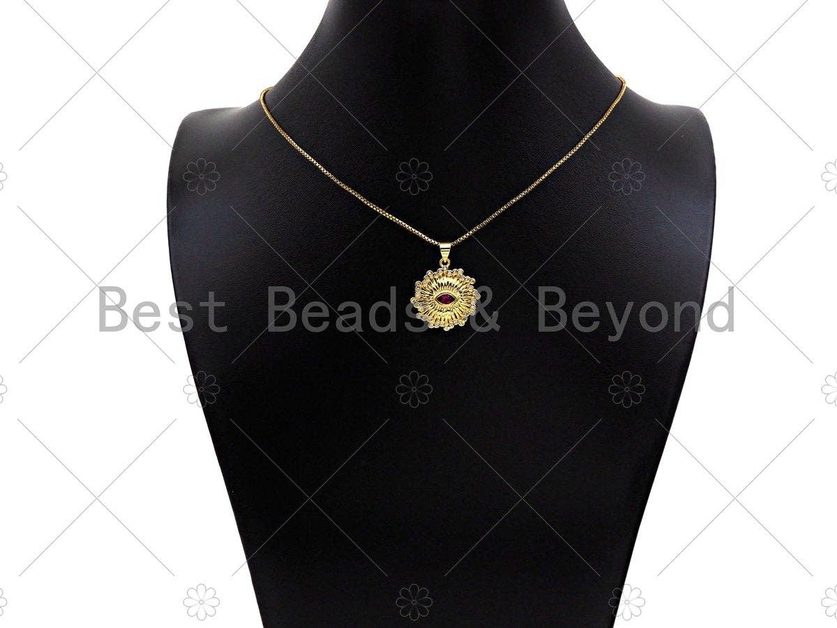 Fuchsia CZ Micro Pave 18k Gold Evil Eye On Sunflower Pendant, Cubic Zirconia Medallion Pendant,CZ Micro Pave Pendant,22x23mm, Sku#LK212