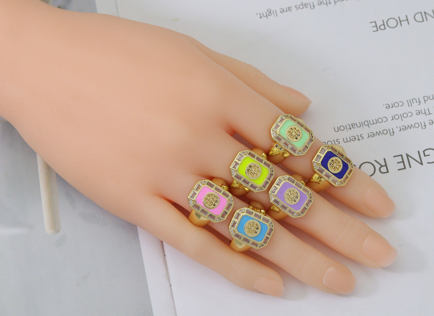 CZ Enamel Flower on Rectangle Adjustable Ring, Sku#X326