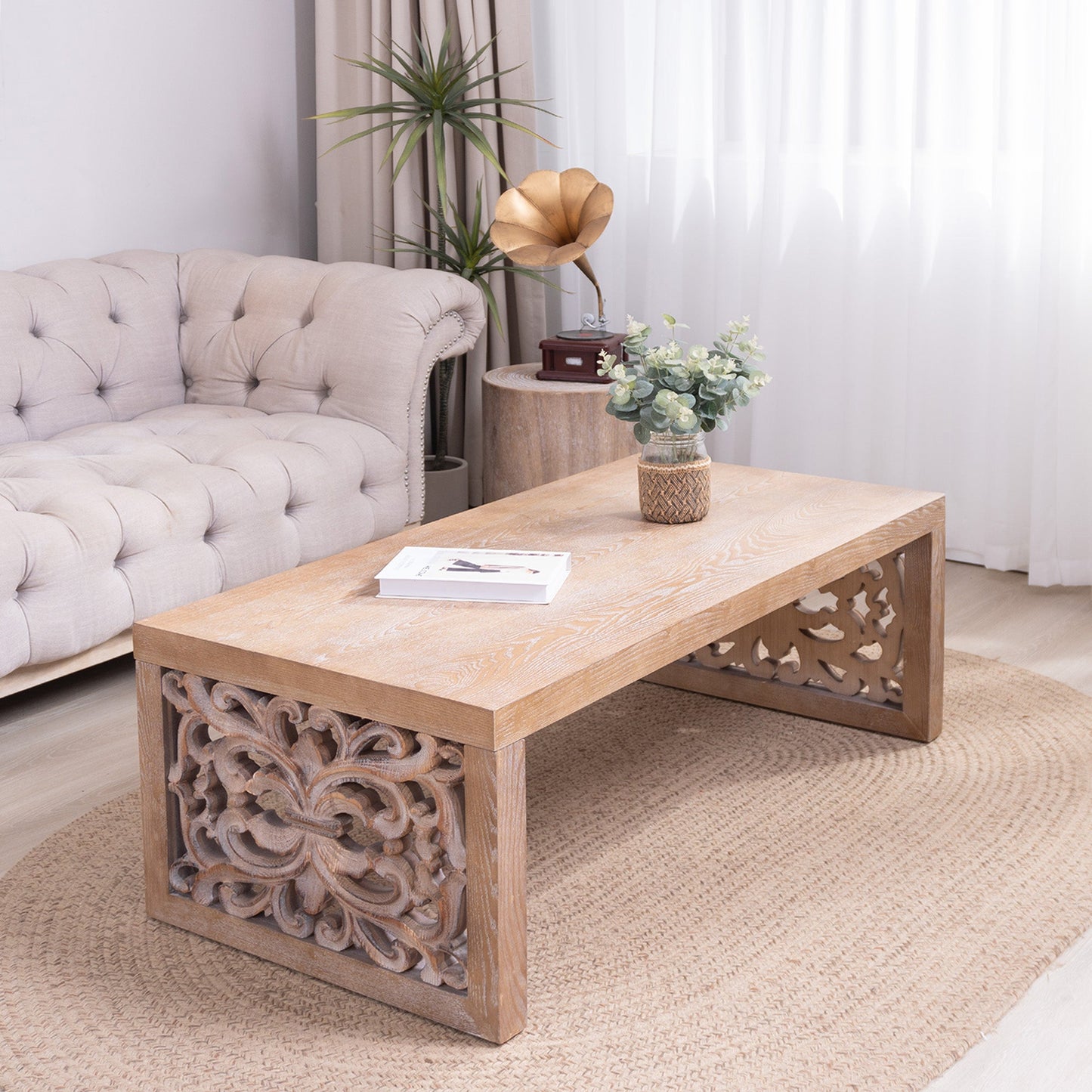 47.2" Rustic Carved Wood Coffee Table