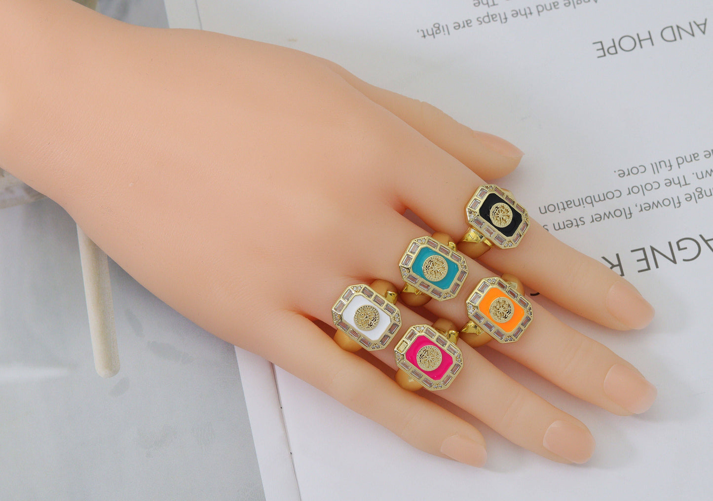 CZ Enamel Flower on Rectangle Adjustable Ring, Sku#X326