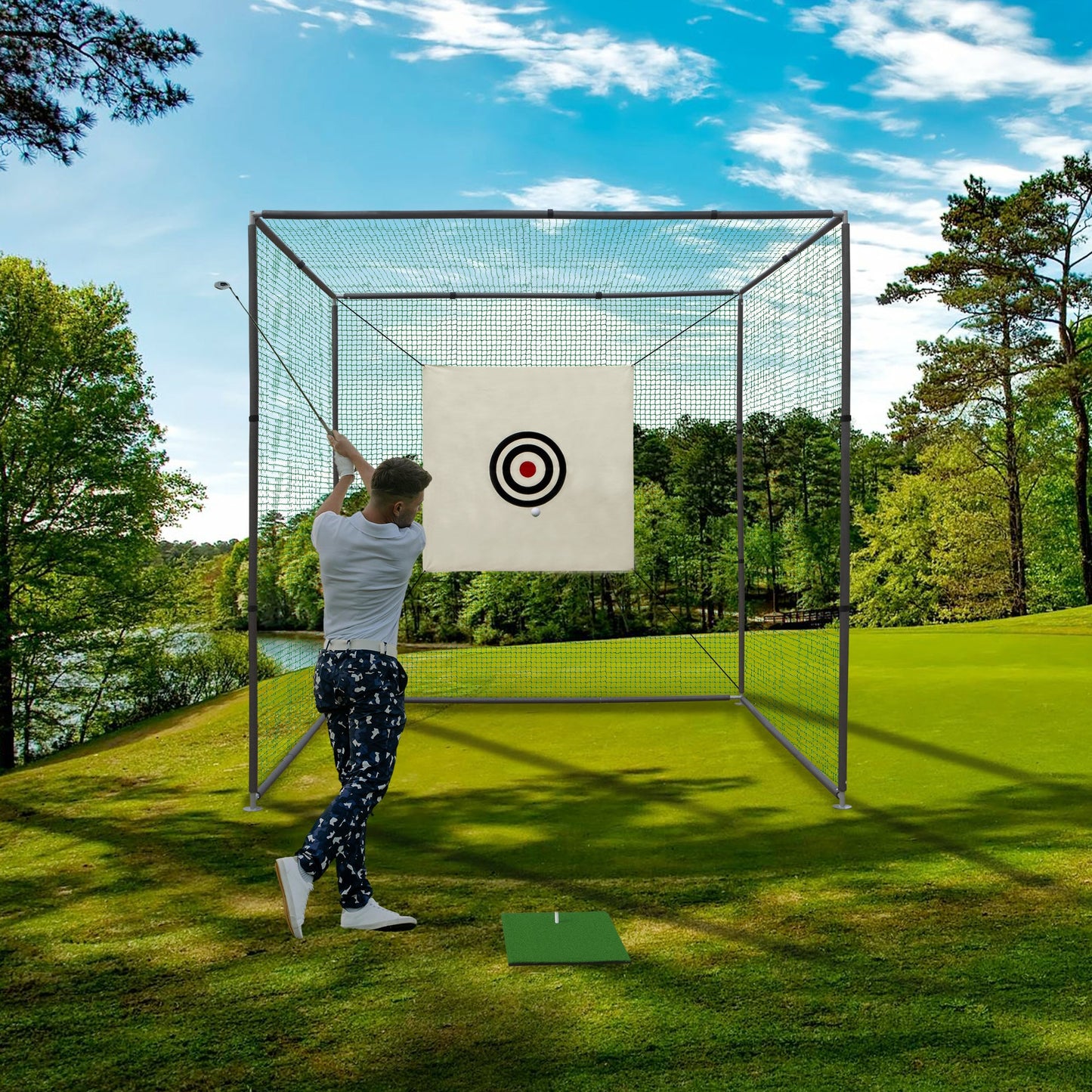 10x10x10ft Golf Practice Net Cage with Metal Frame Hitting Net Kit