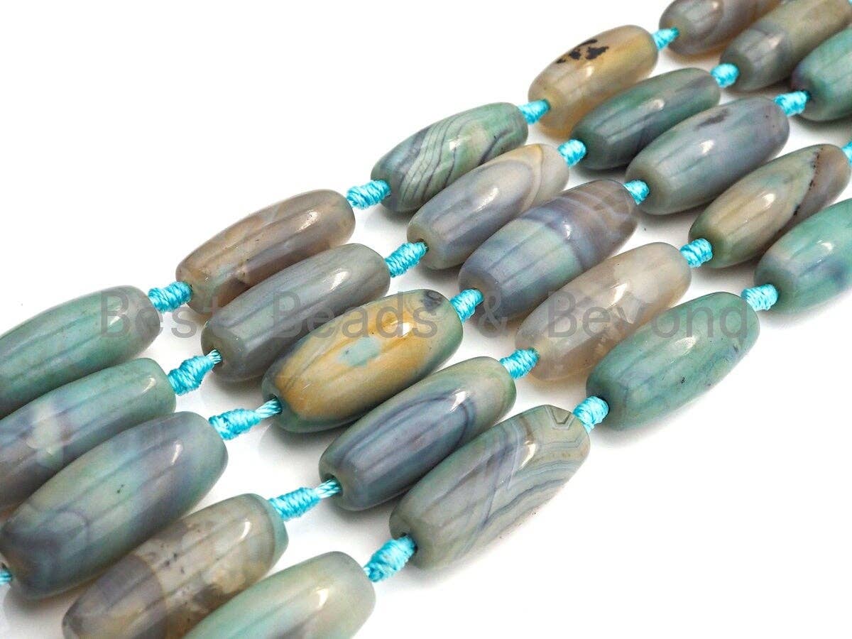 1pc/10pc Natural Agate Long Barrel Spacer Beads, Blue Brown Agate Spacer Beads, 14x30mm, sku#U885