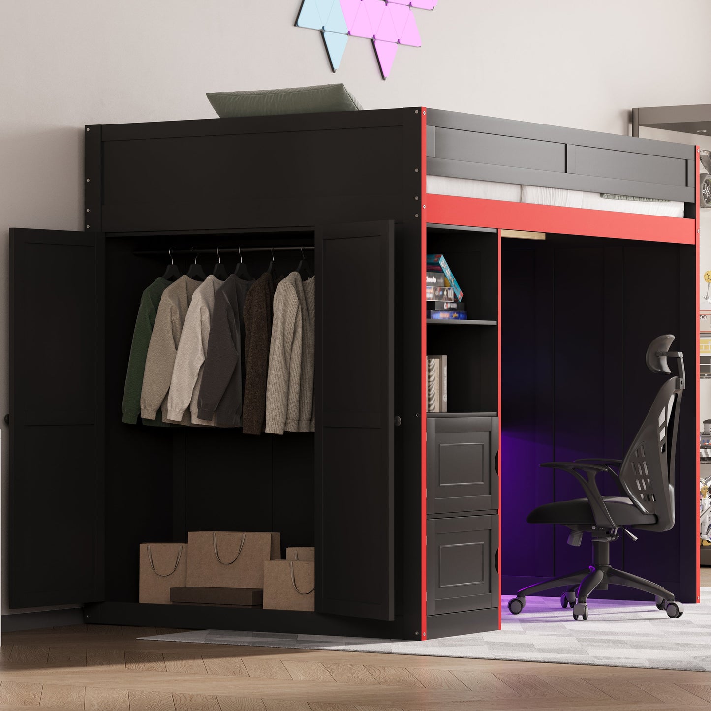 Gaming Loft Bed with Desk and Storage, LED Lights, Full