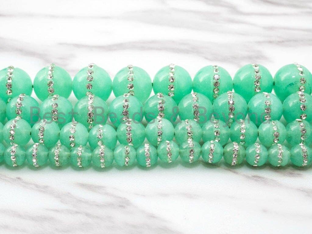 6mm/8mm/10mm/12mm Chrysoprase Jade inlaid with rhinestone,Green Color Beads, Smooth Jade Round Beads, SKU#X1C