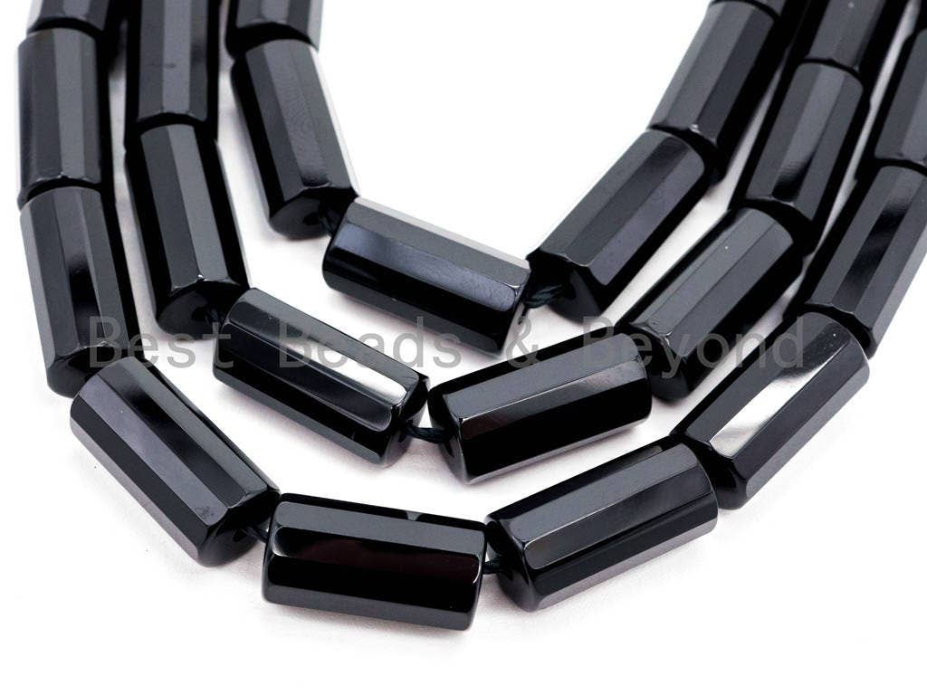 Top Quality Black Onyx Faceted Cylinder/Tube Beads 6x12mm 8x12mm 6x16mm 10x20mm Natural Stones, Gemstones Beads, 15.5" Full Strand, SKU#Q29