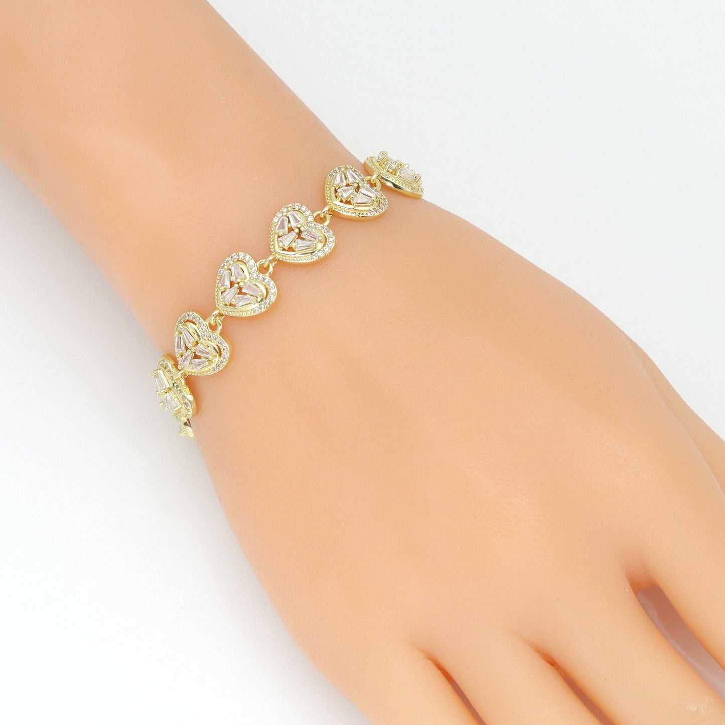 Baguette CZ Gold String Heart Link Adjustable Bracelet, Sku#LD669