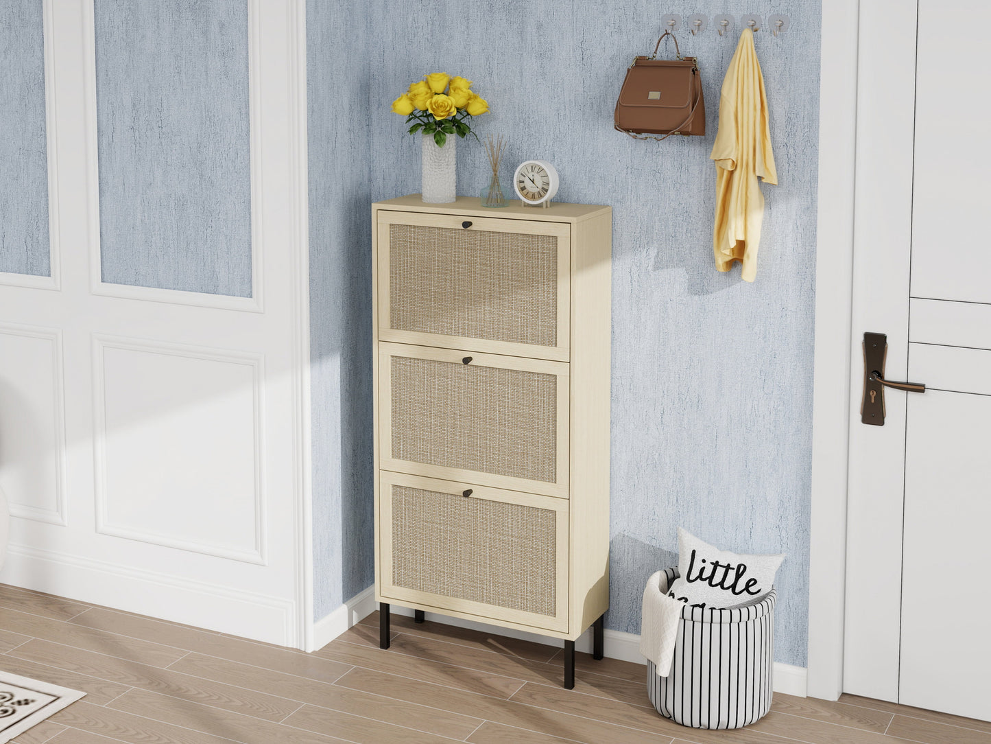 Rattan 3 Door Shoe Rack, Freestanding Modern Shoe Storage Cabinet