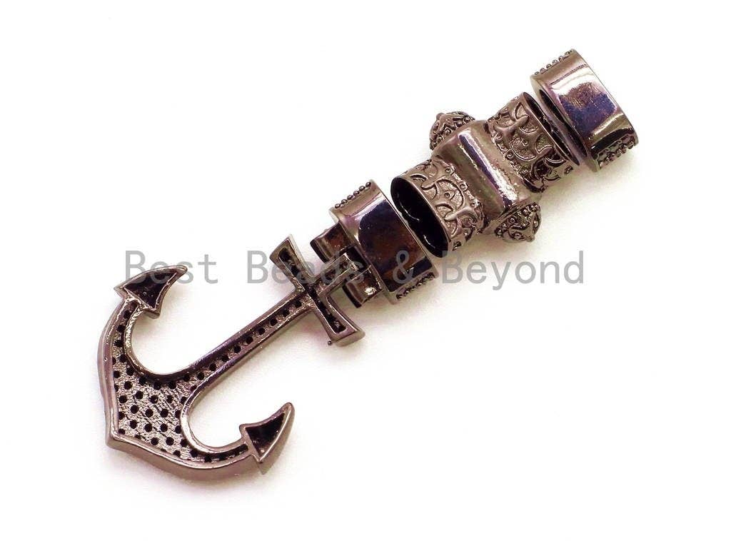 CZ Black Micro Pave Anchor Clasp Buckle for 3mm Leather Cord Bracelet, Anchor Lock, Men's Jewelry Charms,34x22mm, sku#F47