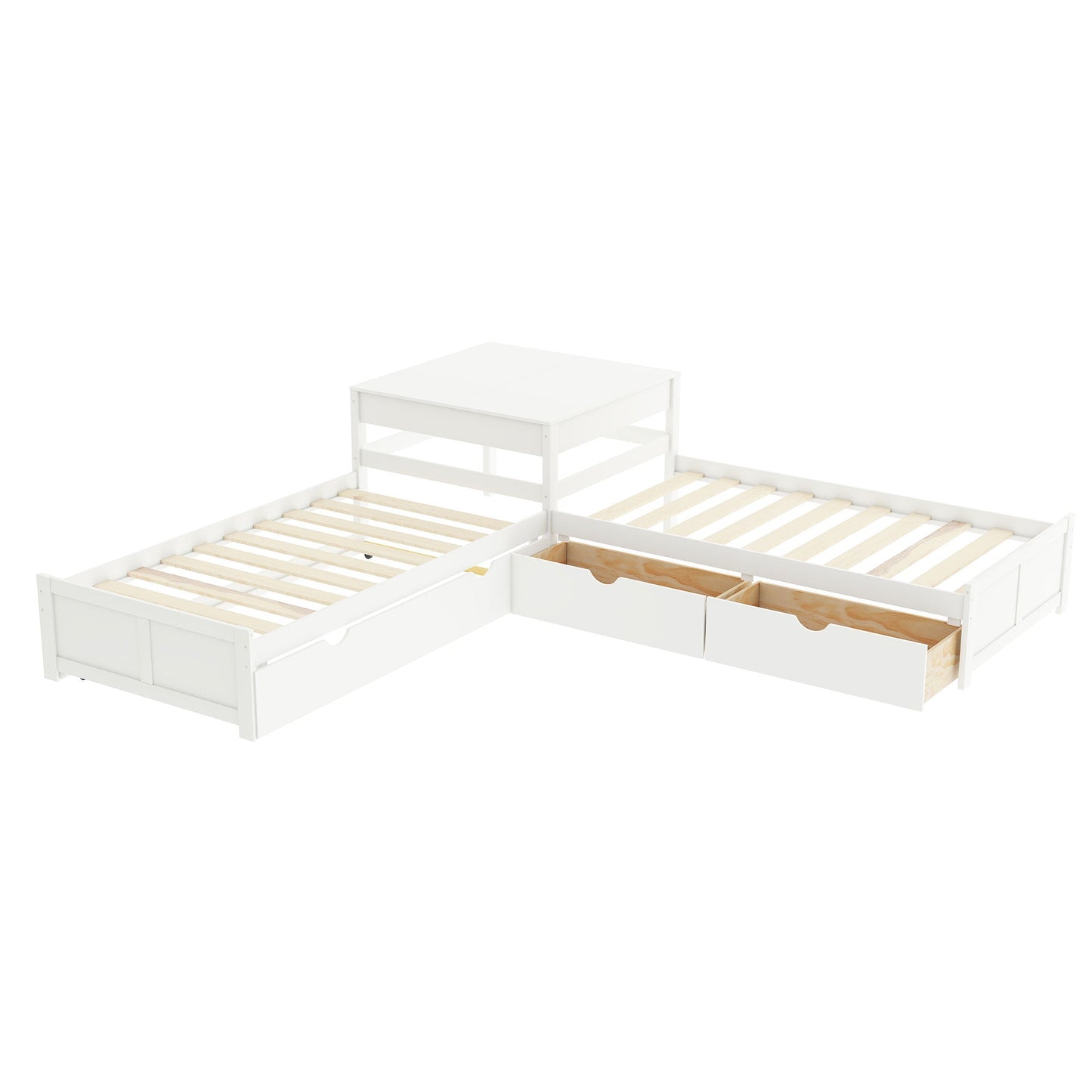 L-shaped Platform Bed with Trundle and Built-in Desk