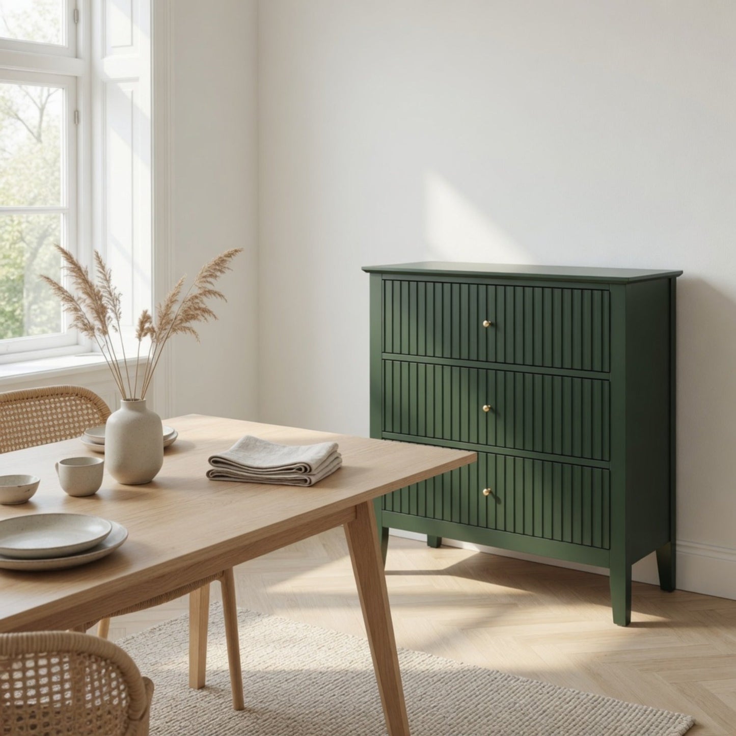 32" Wide Green Fluted 3-Drawer Nightstand