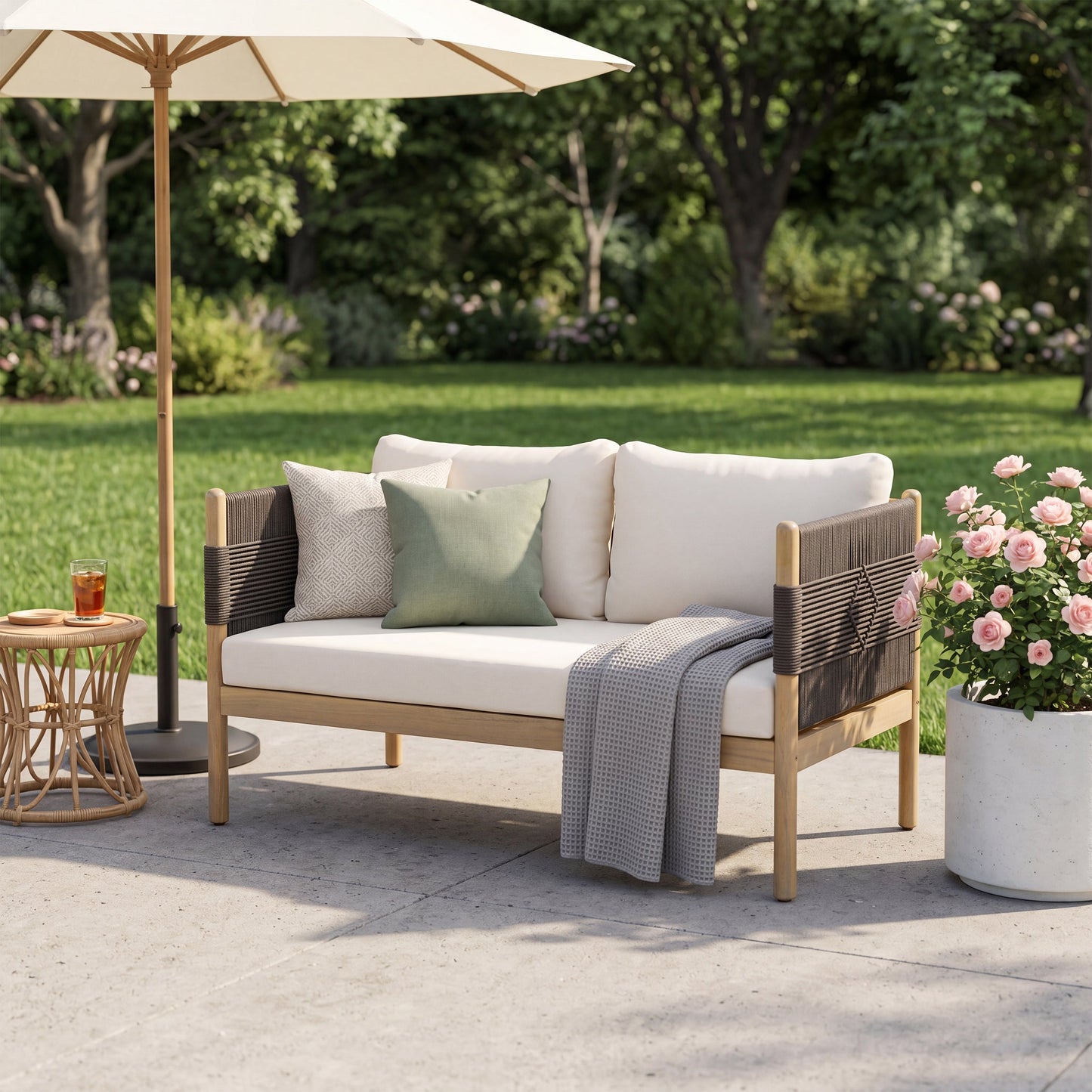 Outdoor Acacia Wood Loveseat with Diamond Rope Weave & Cushions, Light Teak