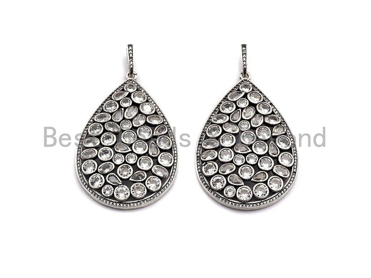 CZ Micro Pave Teardrop Pendant, Antique Silver Tone, Cubic Zirconia Pave Big Teardrop Charm Pendant, 36x55mm,sku#F1007