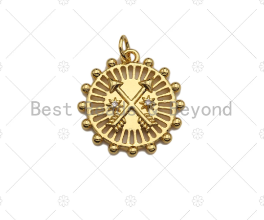 CZ Micro Pave Cross Arrows On Ferris Wheel Charm/Pendant, Round Wheel Shape Charm, Pave Pendant, Gold plated charm, 20mm, Sku#LK127