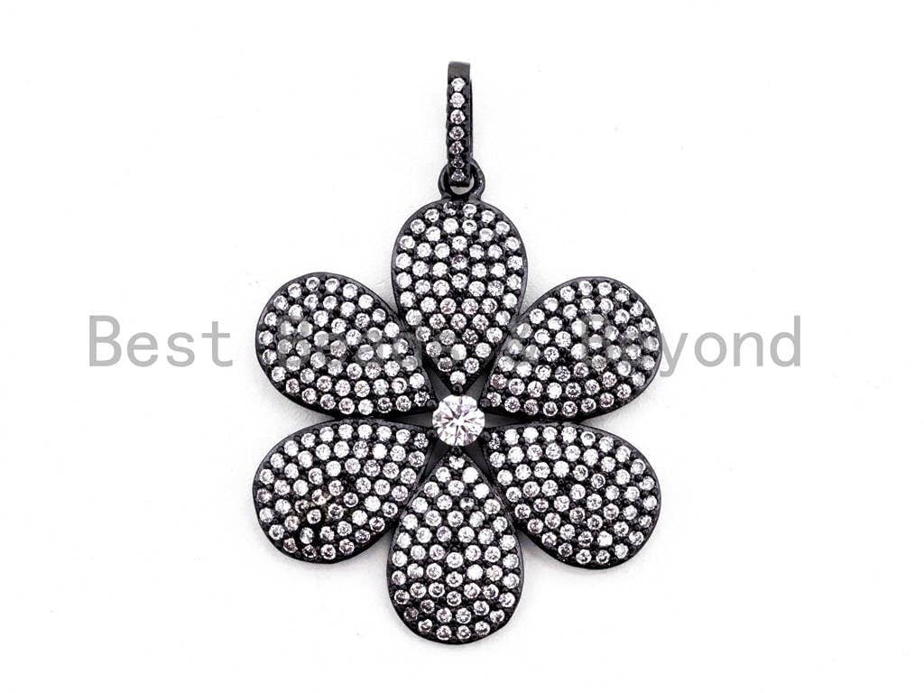 CZ Clear Micro Pave Flower Pendant, Flower Shaped Pave Pendant, Gold/Rose Gold/Silver/Gunmetal plated, 28x33mm, Sku#F409