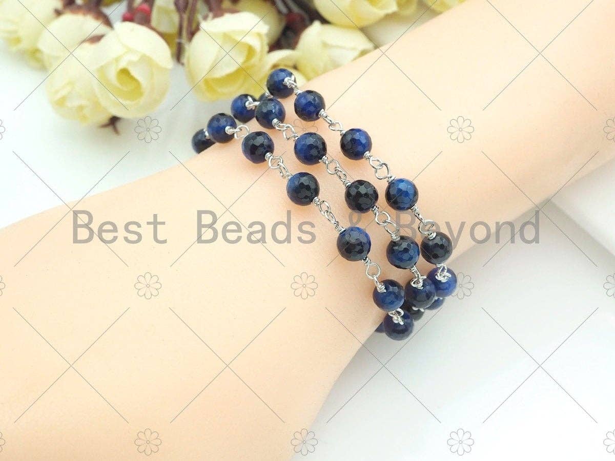 Mystic Blue Agate Faceted Tiger Eye Rosary Chain, 6mm Beaded Chain, Wire Wrapped Silver Plated Chain,Sku#V92
