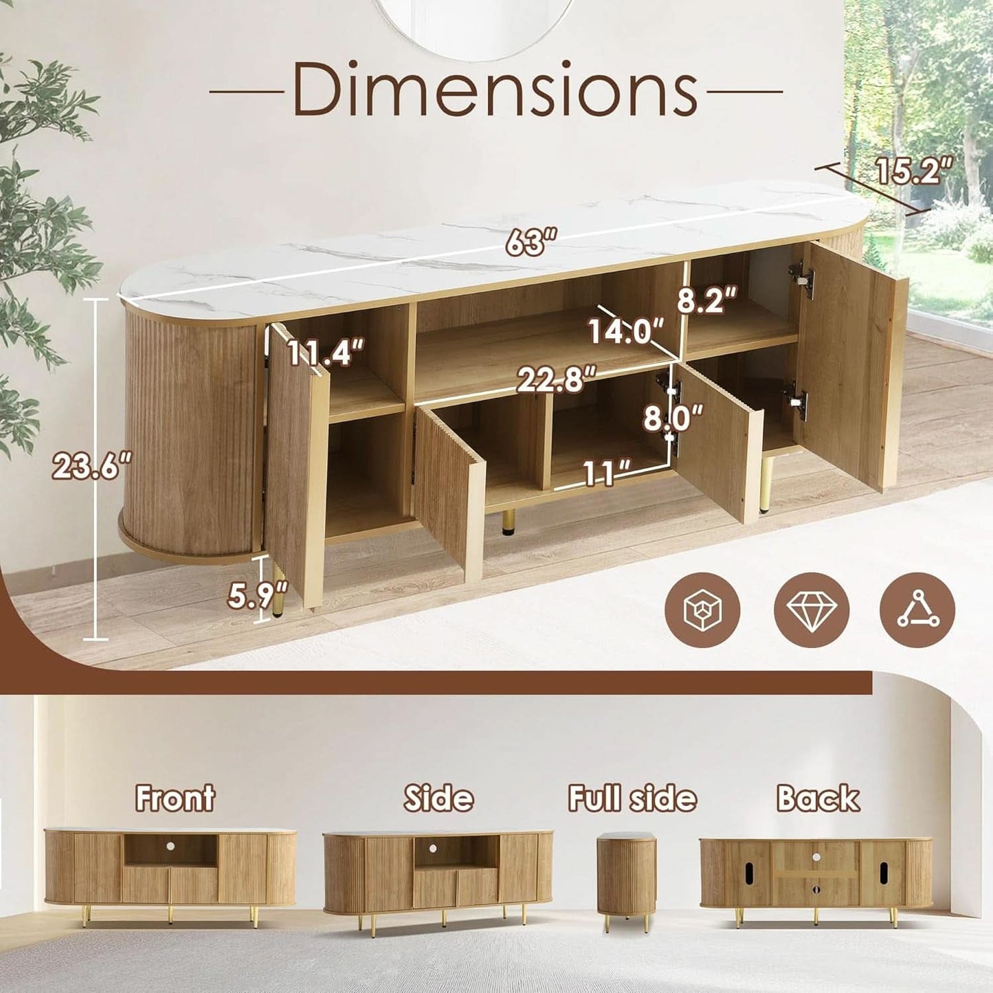 63 Inch Fluted TV Entertainment Console With Integrated Storage