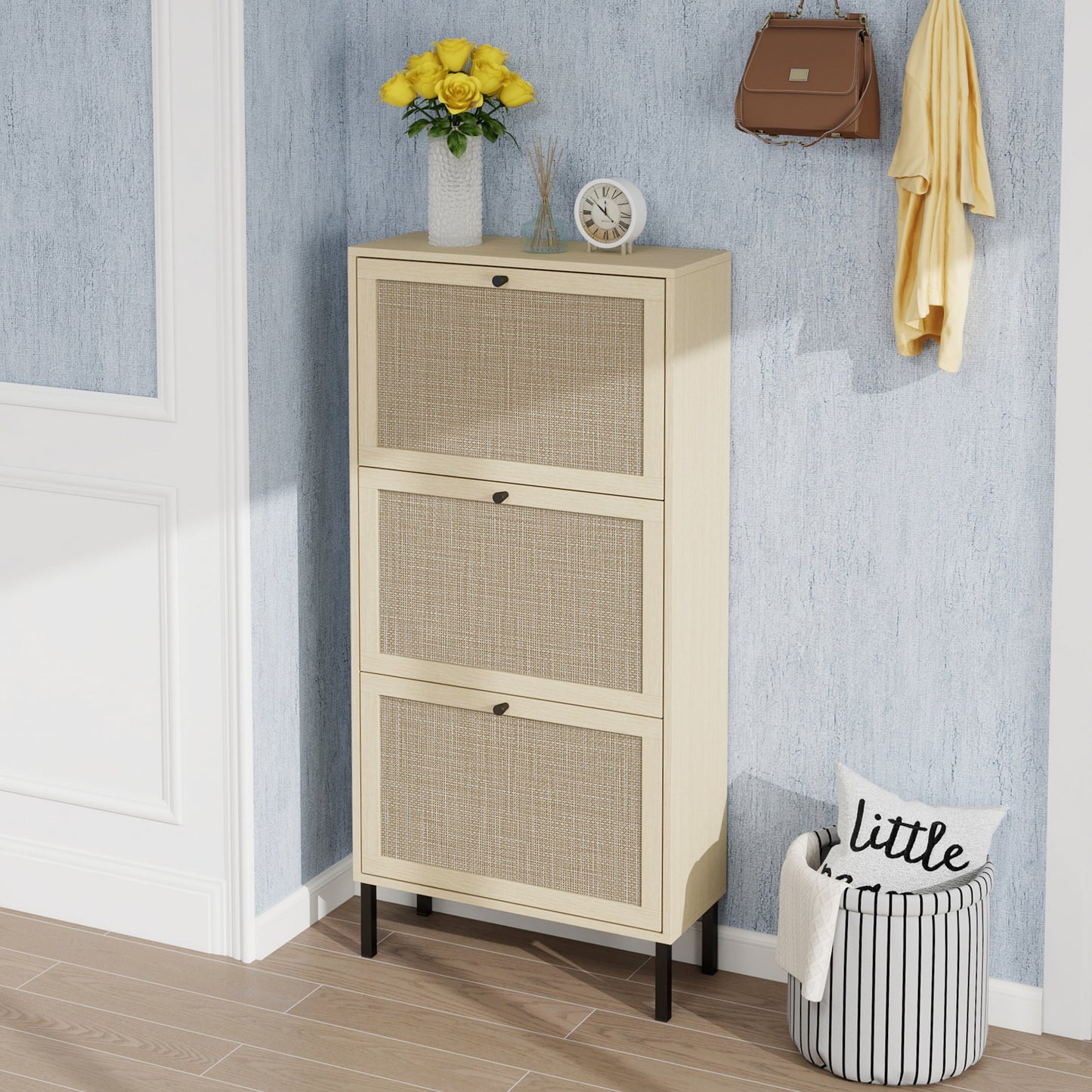 Rattan 3 Door Shoe Rack, Freestanding Modern Shoe Storage Cabinet