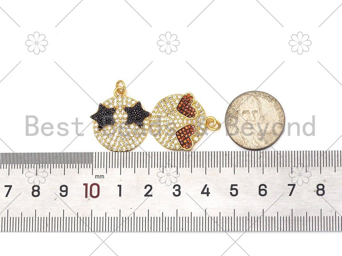 CZ Micro Pave Black Star Red Heart on Round Coin Pendant,18K Gold Filled Face Charm, Necklace Bracelet Charm22x24mm,Sku#L601