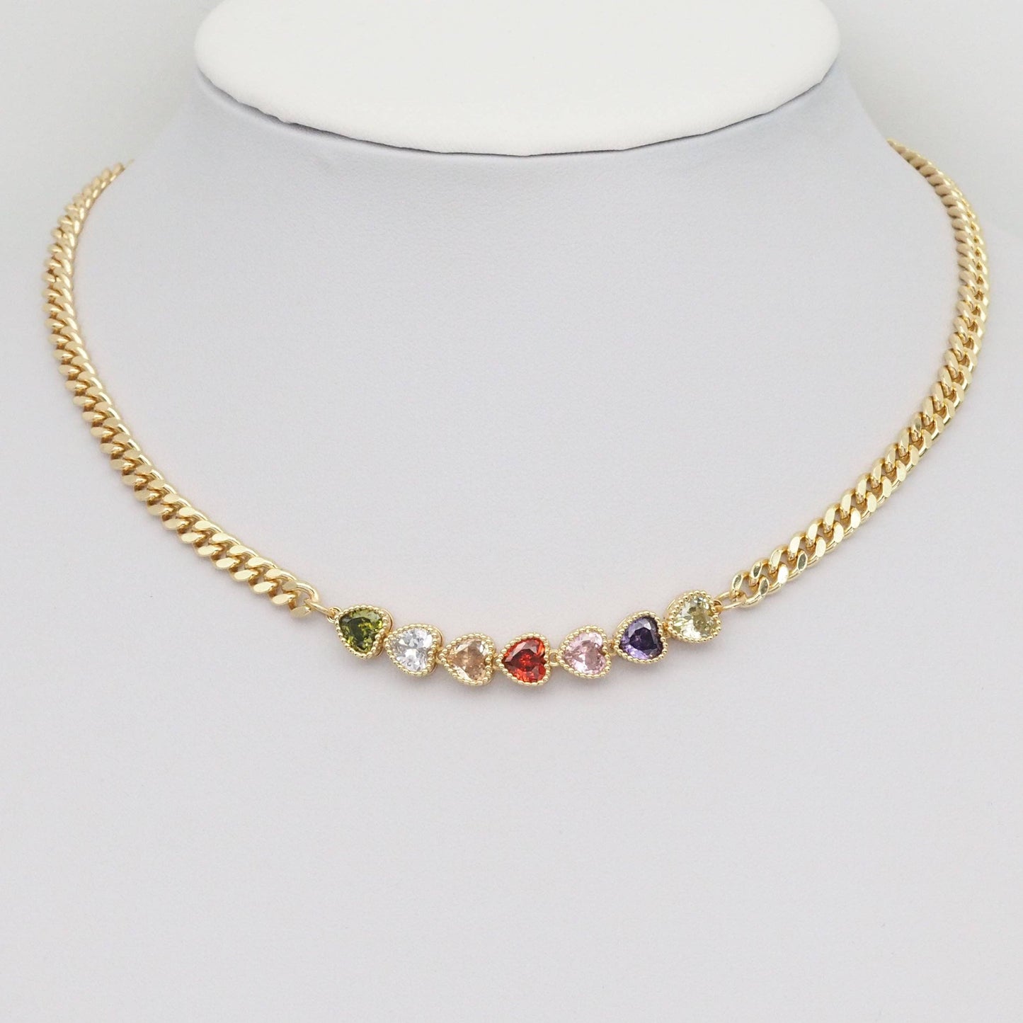 Cuban Link Chain Colorful CZ Heart Necklace, Sku#EF358