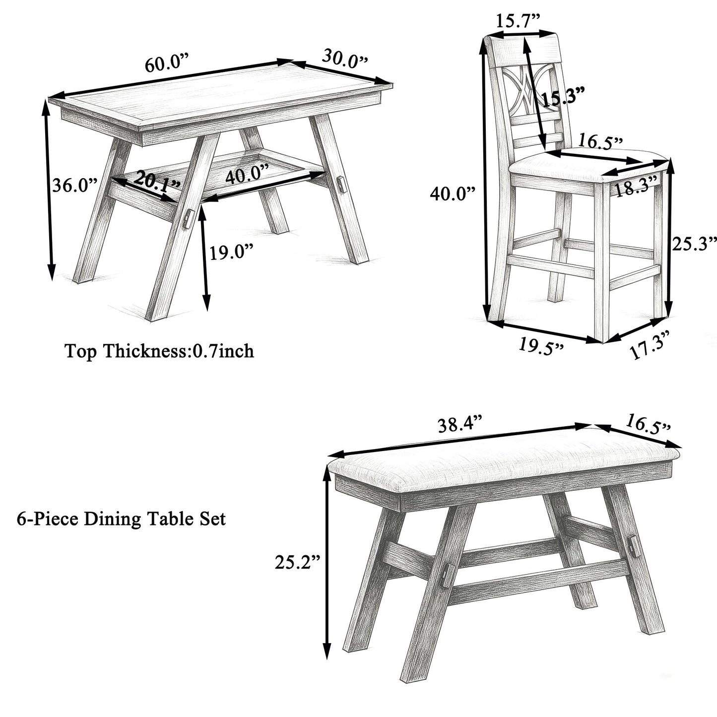 TOPMAX 6-Piece Wood Counter Height Dining Table Set