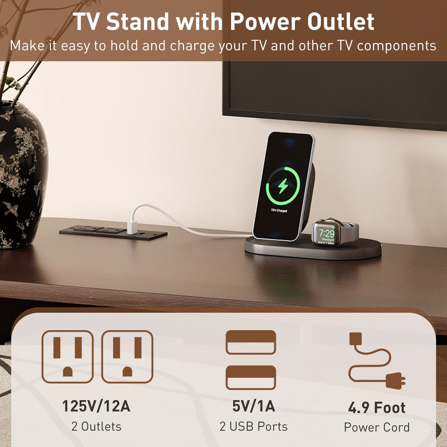 TV Stand For 70" TV, Console With Tambour Doors, Drawers And Built In Power Outlet - Dark Brown