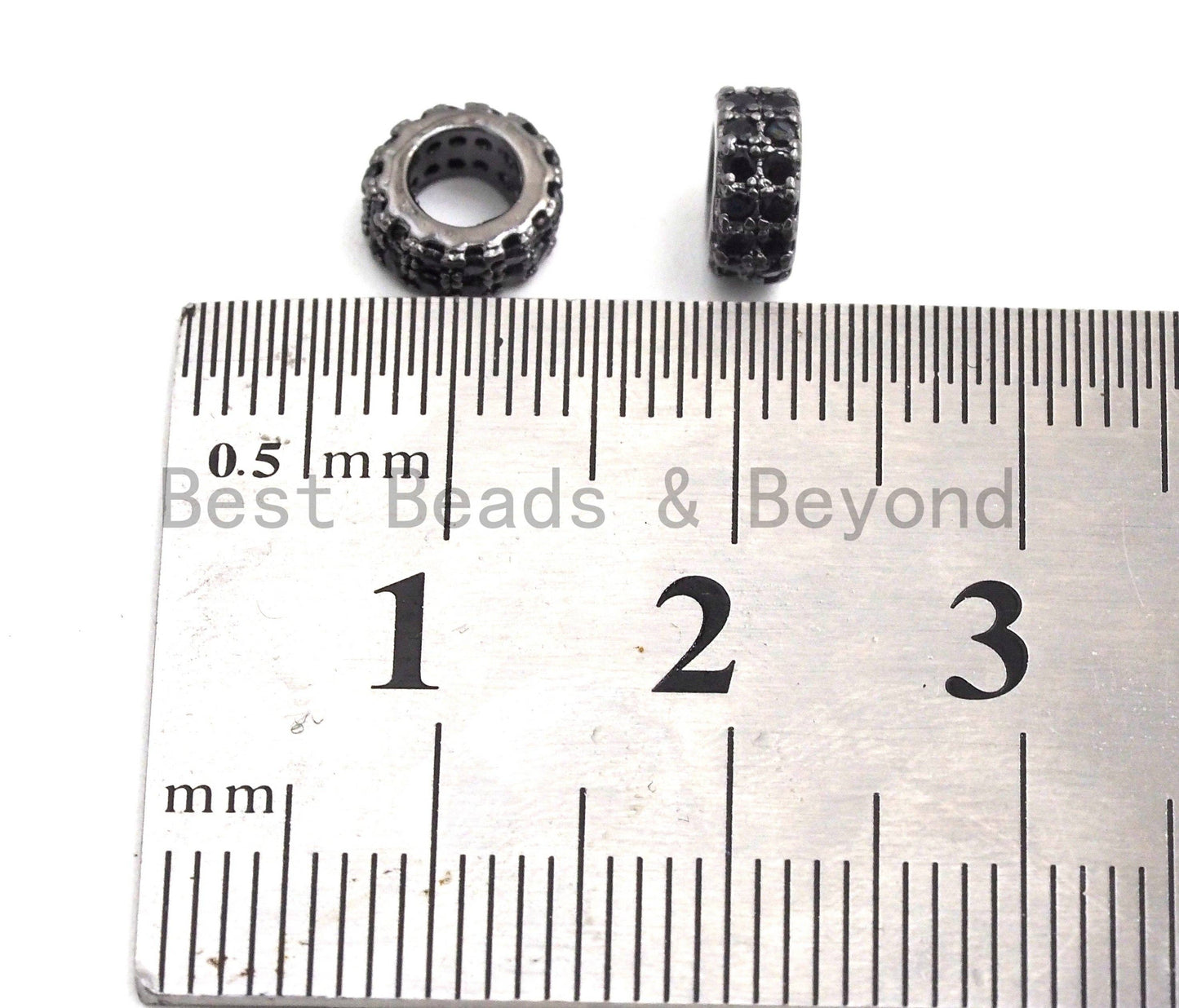 Micro Pave Black CZ Pave On Black Double Layers Big Large Hole Spacer Beads, Cubic Zirconia Black Color Spacer Beads, 7x3mm, SKU#C93