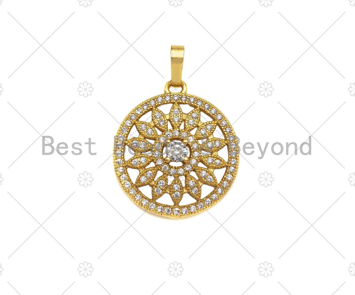 CZ Micro Pave Sunflower On Round Ring Pendant,Cubic Zirconia SKU#B130